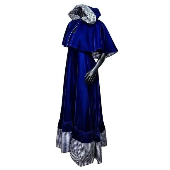 Vintage 70s 80s Union Made Blue Velveteen Maxi Dress Hooded Mantle Set Gingham